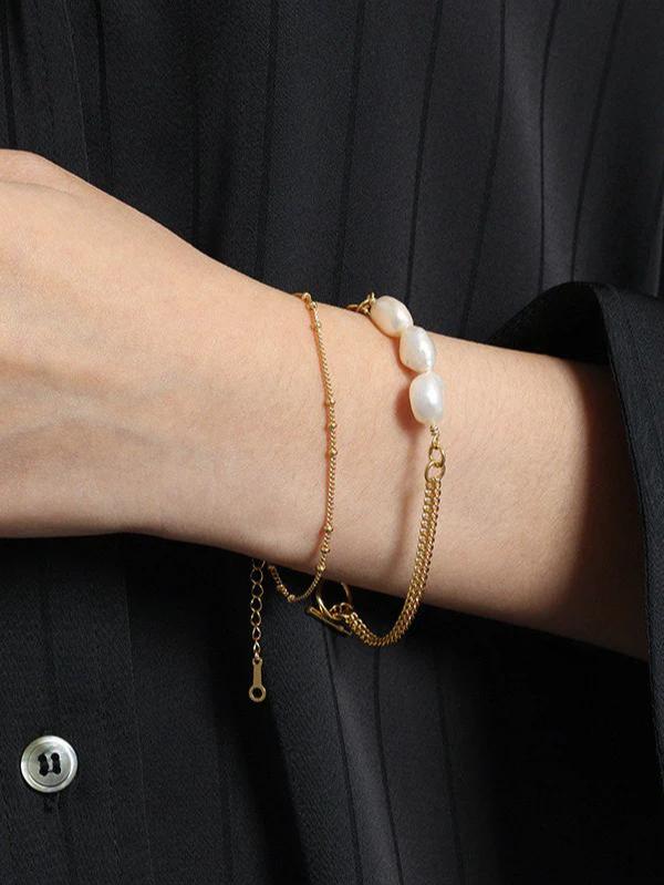 Baroque Pearl Double Layer Chain Bracelet